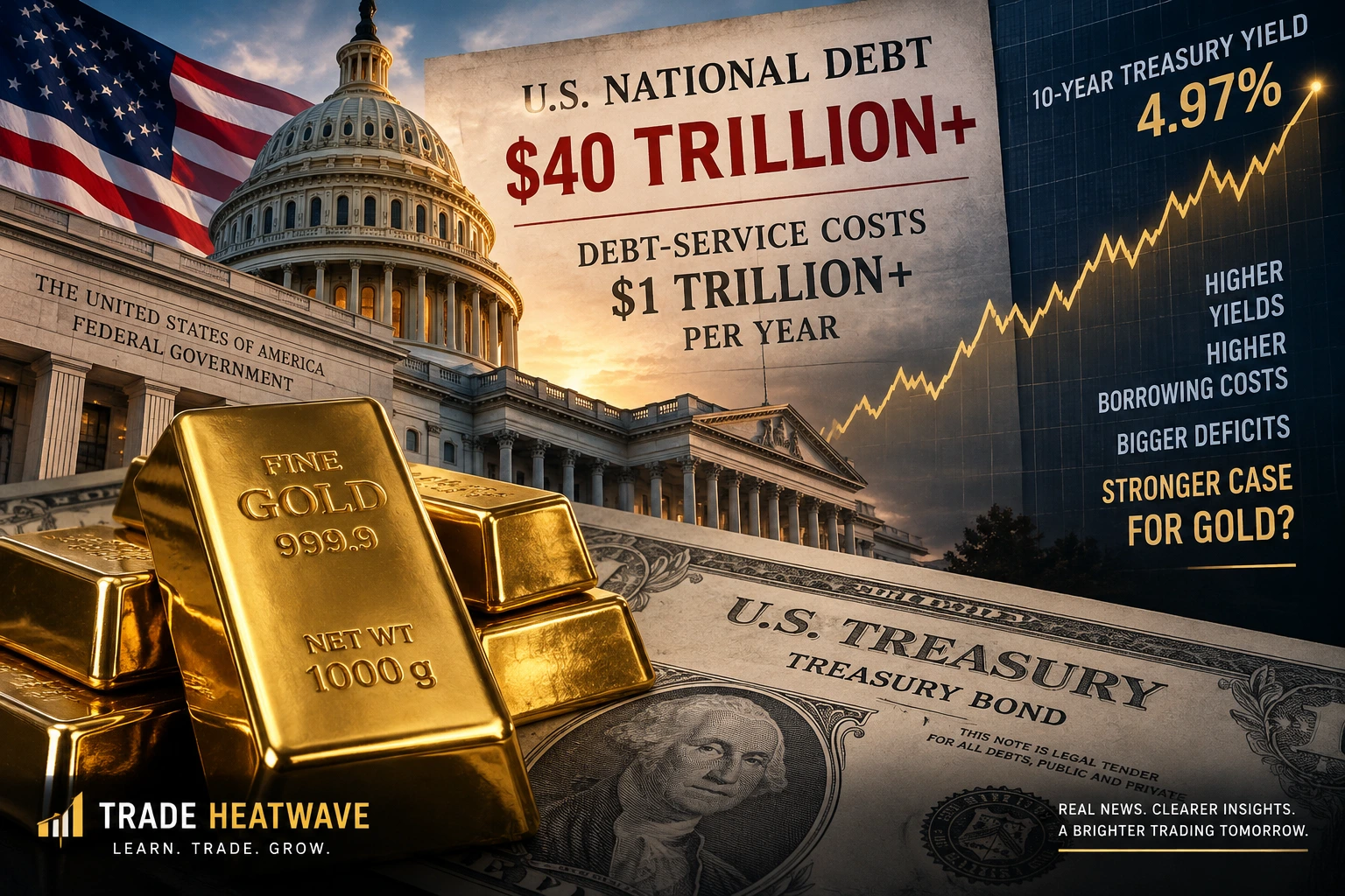 U.S. national debt, Treasury yields and gold bars showing how higher borrowing costs may affect gold prices